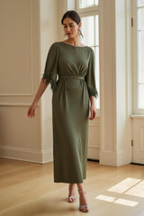 Olive Sheath Boat Neck Long Wedding Guest Dress with Feathers
