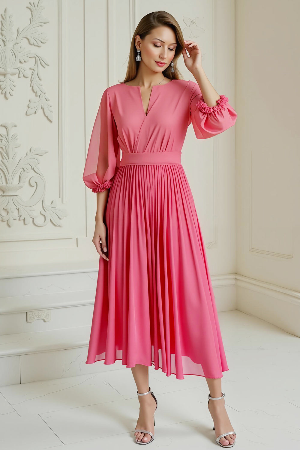 Hot Pink A Line Chiffon Pleated Long Wedding Guest Dress with Sleeves