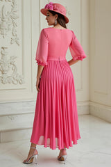 Hot Pink A Line Chiffon Pleated Long Wedding Guest Dress with Sleeves