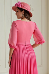 Hot Pink A Line Chiffon Pleated Long Wedding Guest Dress with Sleeves