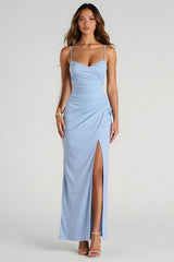 Light Blue Chiffon Sheath Ruched Long Bridesmaid Dress with Slit
