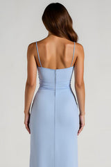 Light Blue Chiffon Sheath Ruched Long Bridesmaid Dress with Slit
