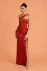 Dark Red Sheath Chiffon Ruched Long Bridesmaid Dress with Slit