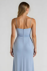 Light Blue Chiffon Ruched Sheath Long Bridesmaid Dress with Slit