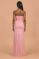 Blush Chiffon Strapless Sheath Long Bridesmaid Dress with Slit
