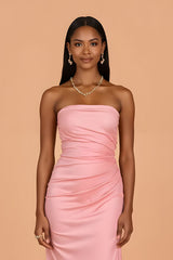 Blush Chiffon Strapless Sheath Long Bridesmaid Dress with Slit