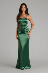 Dark Green Satin Sheath Spaghetti Straps Ruched Long Bridesmaid Dress