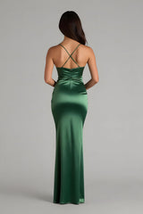 Dark Green Satin Sheath Spaghetti Straps Ruched Long Bridesmaid Dress