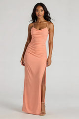 Sunset Sheath Spandex Spaghetti Straps Long Bridesmaid Dress with Slit