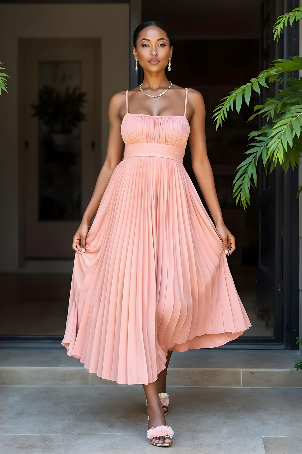 Sunset Chiffon A Line Pleated Spaghetti Straps Long Bridesmaid Dress