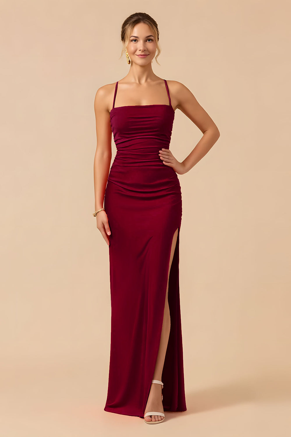 Cabernet Sheath Spaghetti Straps Long Bridesmaid Dress with Slit
