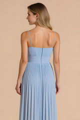 Light Blue A Line Chiffon Spaghetti Straps Long Bridesmaid Dress