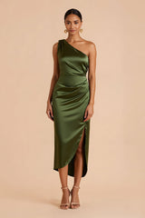 Olive Satin Sheath One Shoulder Ruched Midi Bridesmaid Dress with Slit