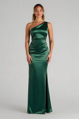 Dark Green Satin Sheath One Shoulder Ruched Long Bridesmaid Dress