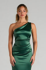 Dark Green Satin Sheath One Shoulder Ruched Long Bridesmaid Dress