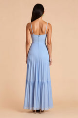 Light Blue A Line Chiffon Spaghetti Straps Long Bridesmaid Dress
