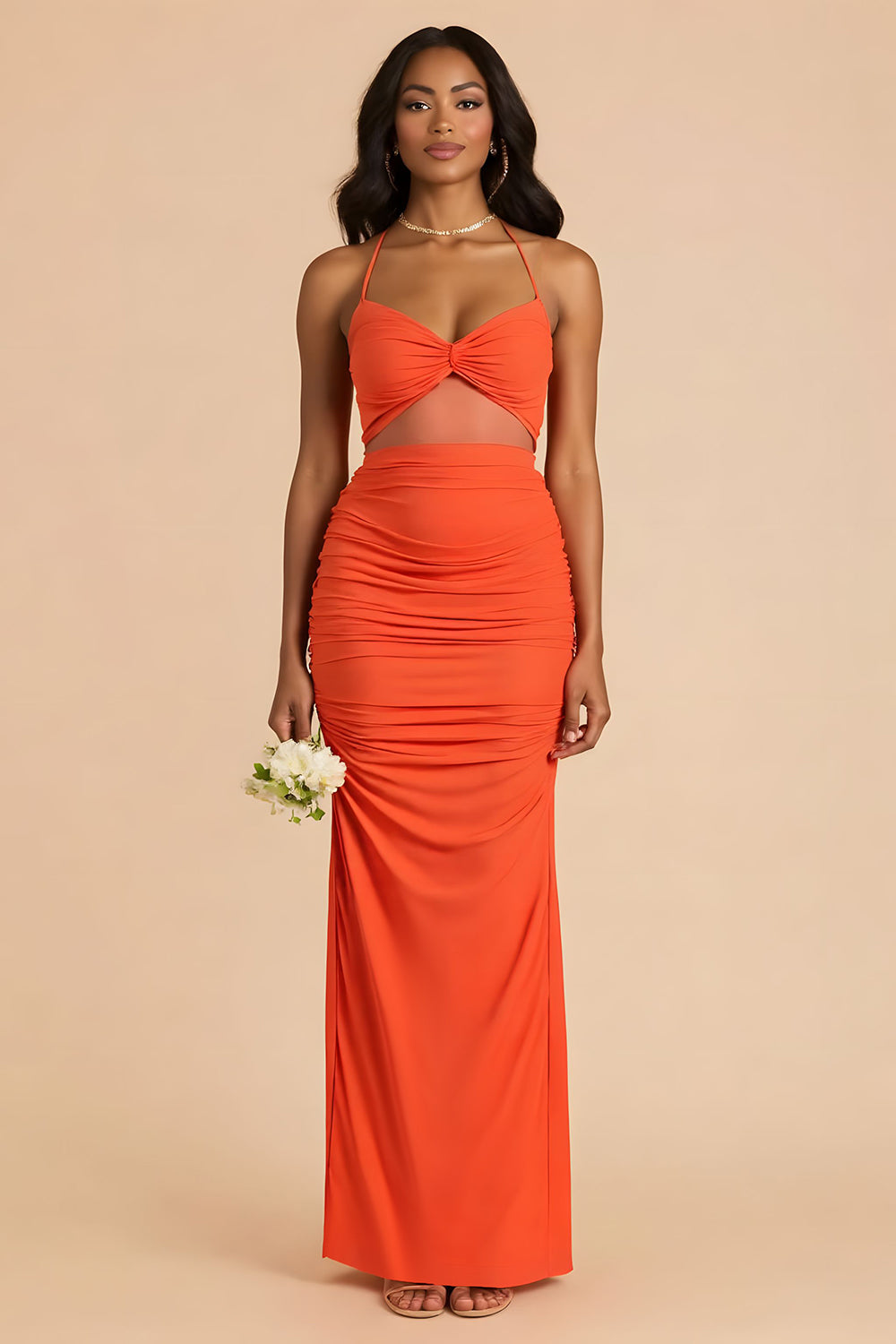 Orange Sheath Cut Out Ruched Long Bridesmaid Dress