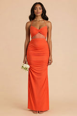 Orange Sheath Cut Out Ruched Long Bridesmaid Dress