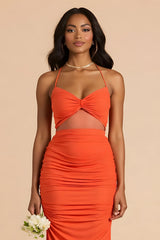 Orange Sheath Cut Out Ruched Long Bridesmaid Dress