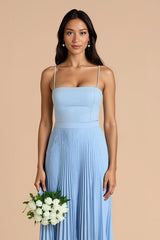 Sky Blue A Line Chiffon Pleated Spaghetti Straps Long Bridesmaid Dress