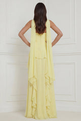 Yellow Strapless Chiffon Neck Scarf A-Line Ruffled Long Wedding Guest Dress