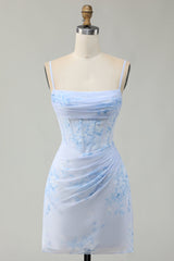 Light Blue Floral Tight Ruched Short Corset Homecoming Dress