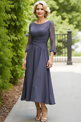 Steel Grey Chiffon A Line Boat Neck Long Mother of the Bride Dress with Sleeves