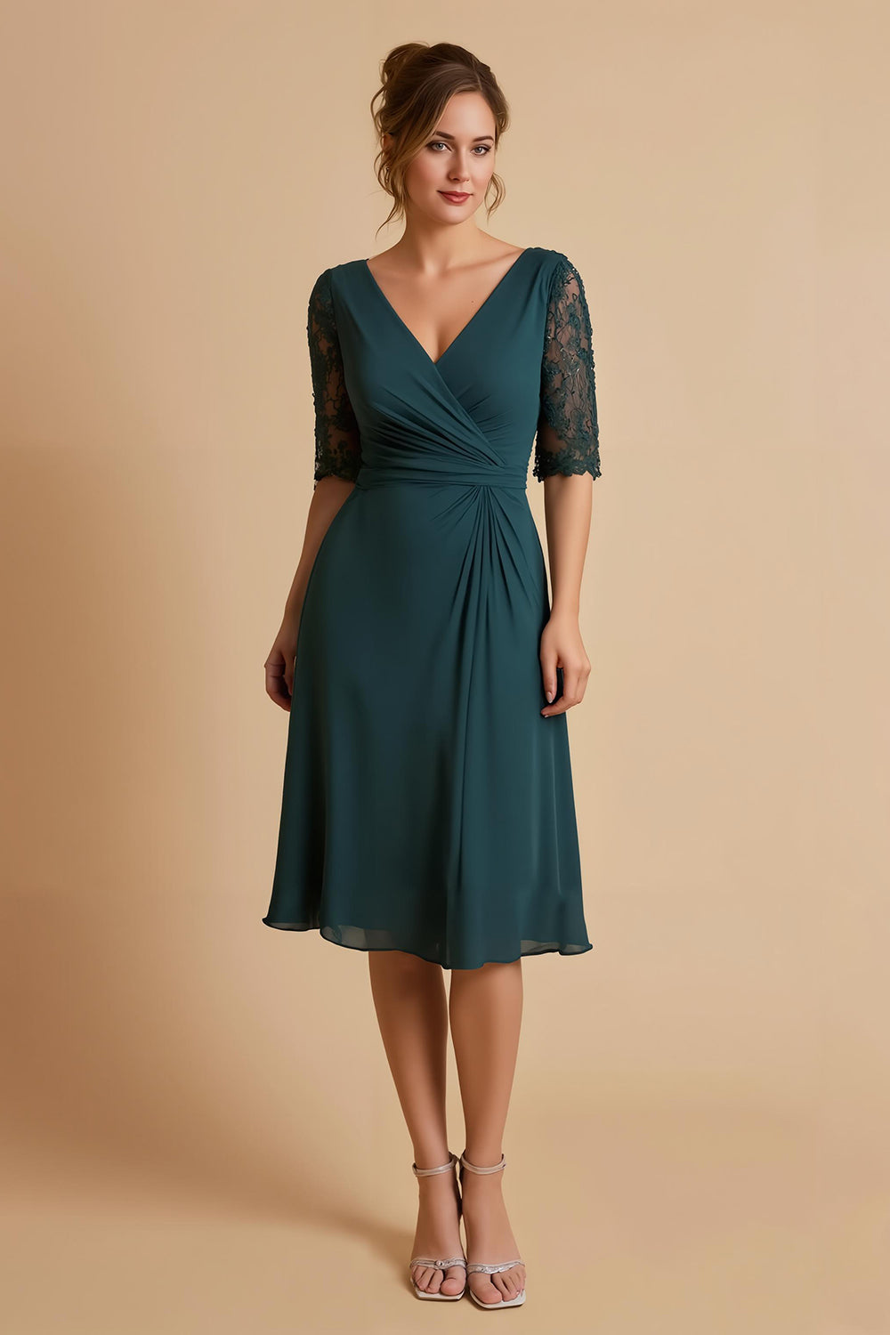 Pine Chiffon Ruched A Line Midi Mother of the Bride Dress with Lace