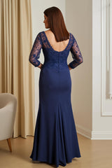 Navy Mermaid Satin Illusion Boat Neck Long Mother of the Bride Dress with Slit