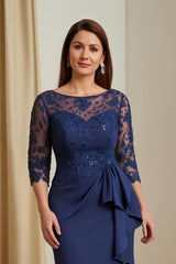 Navy Mermaid Satin Illusion Boat Neck Long Mother of the Bride Dress with Slit