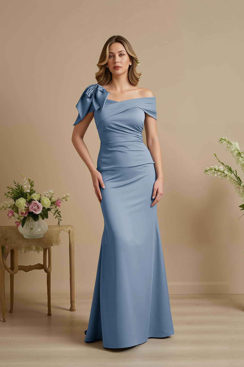 Dusty Blue Satin Mermaid Ruched Long Mother of the Bride Dress with Bow