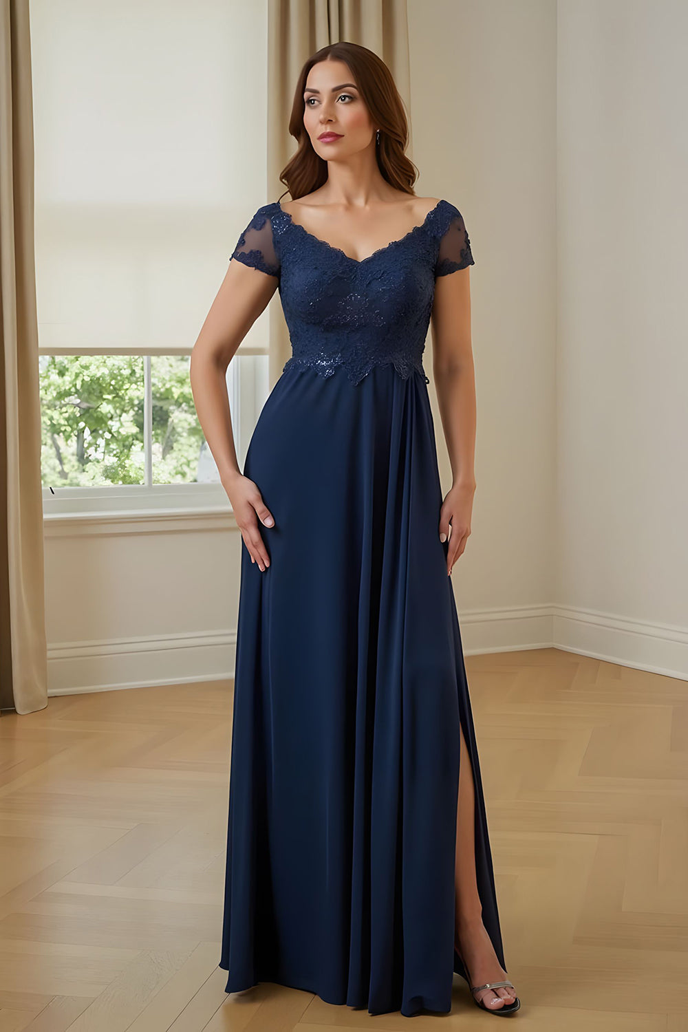 Navy Appliqued Long Mother of the Bride Dress with Slit