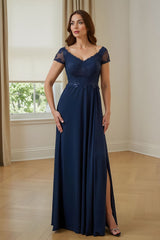 Navy Appliqued Long Mother of the Bride Dress with Slit
