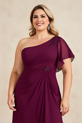 Burgundy One Shoulder Ruched Long Plus Size Mother of the Bride Dress