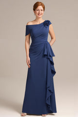 Navy Sheath Ruffled Long Mother of the Bride Dress with 3D Flower