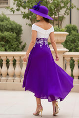 Purple A Line Chiffon Off The Shoulder Asymmetrical Mother of the Bride Dress with Appliques