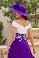 Purple A Line Chiffon Off The Shoulder Asymmetrical Mother of the Bride Dress with Appliques
