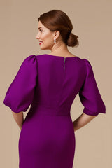 Grape Satin Mermaid V-Neck Long Mother of the Bride Dress with Sleeves
