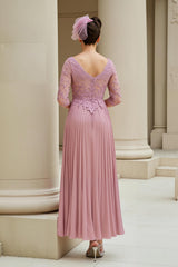 Dusty Rose A Line Appliqued V-Neck Long Mother of the Bride Dress with Sleeves