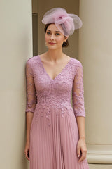 Dusty Rose A Line Appliqued V-Neck Long Mother of the Bride Dress with Sleeves
