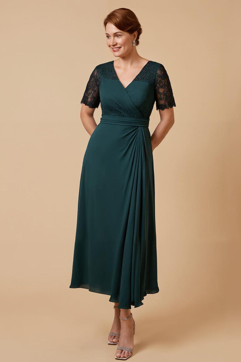 Pine Chiffon V-Neck Long Mother of the Bride Dress with Sleeves