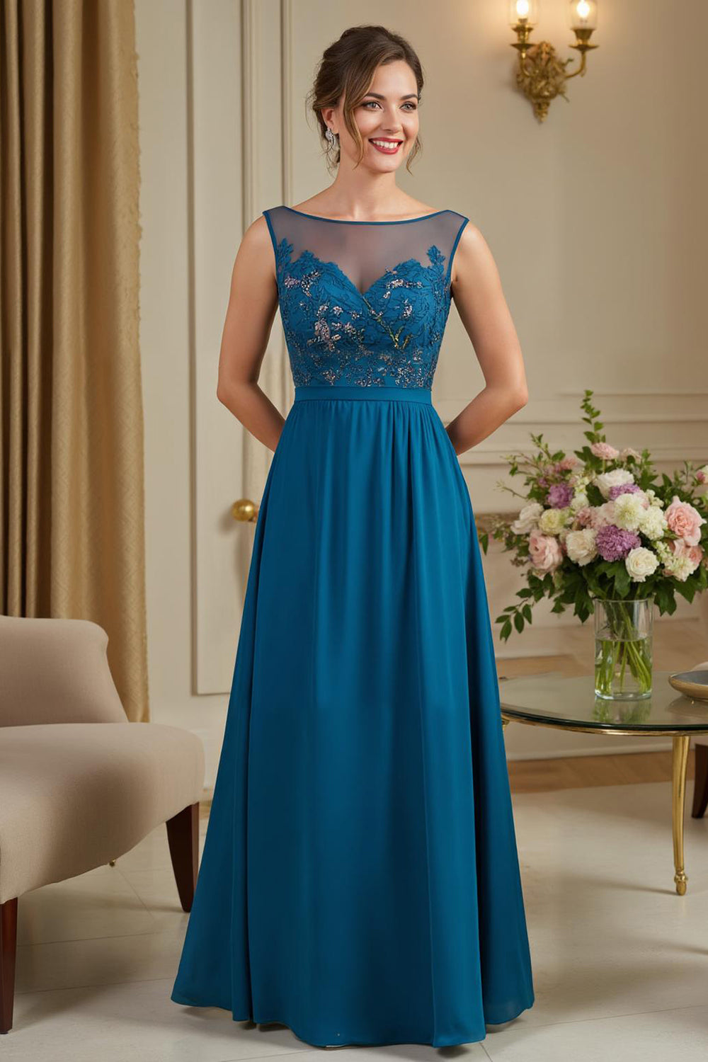 Peacock Blue A Line Long Mother of the Bride Dress with Appliques