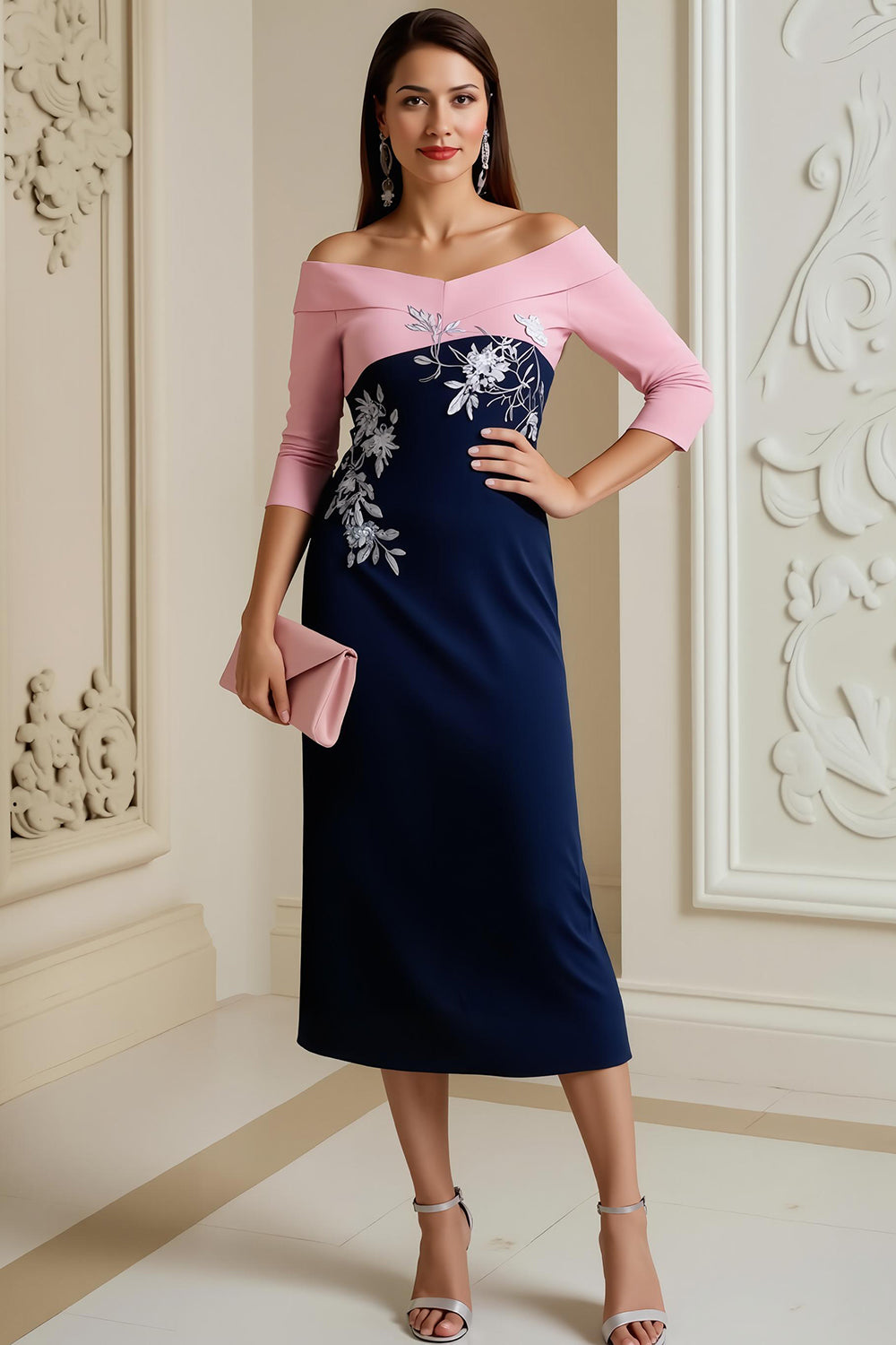 Navy Satin Bodycon Midi Mother of the Bride Dress with Appliques