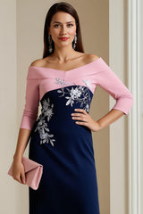 Navy Satin Bodycon Midi Mother of the Bride Dress with Appliques