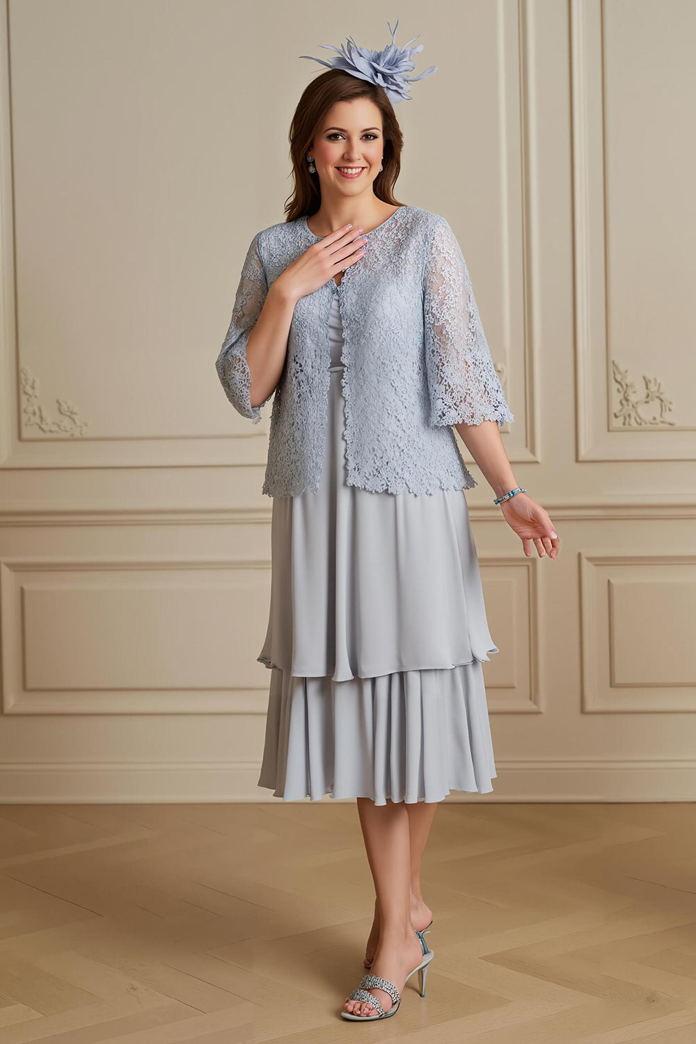 Silver 2 Piece Midi Mother of the Bride Dress with Sleeves
