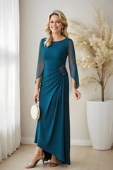 Peacock Blue Chiffon Sheath Boat Neck Long Mother of the Bride Dress with Beading