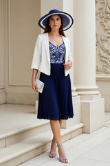 Navy 2 Piece A Line Chiffon Pleated Midi Mother of the Bride Dress with Sleeves