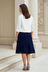 Navy 2 Piece A Line Chiffon Pleated Midi Mother of the Bride Dress with Sleeves