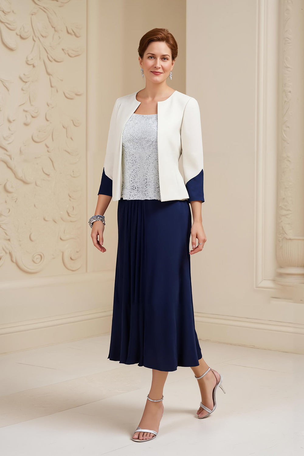 Navy 3 Piece Long Mother of the Bride Outfits with Sleeves