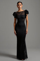 Black Lace Mermaid Boat Neck Long Formal Dress with Ruffles
